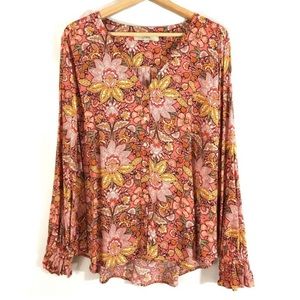 LOFT PLUS Floral Paisley Long Sleeve V-Neck Button Up Blouse Top Shirt Sz 18